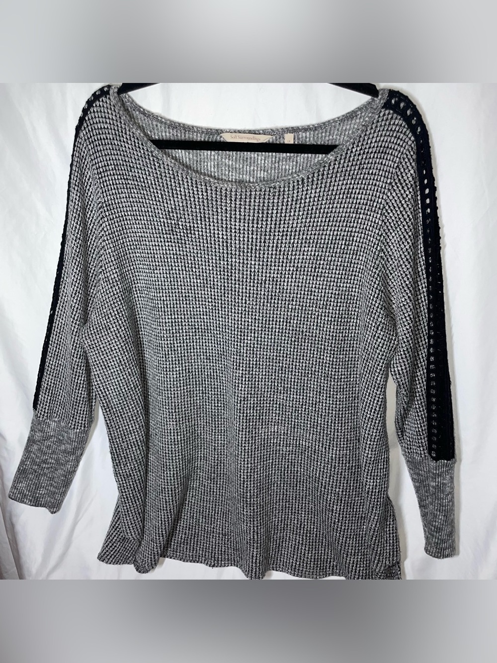 Soft Surroundings Bailey Waffle Knit Top Grey Crochet Mixed Media SZ 1x